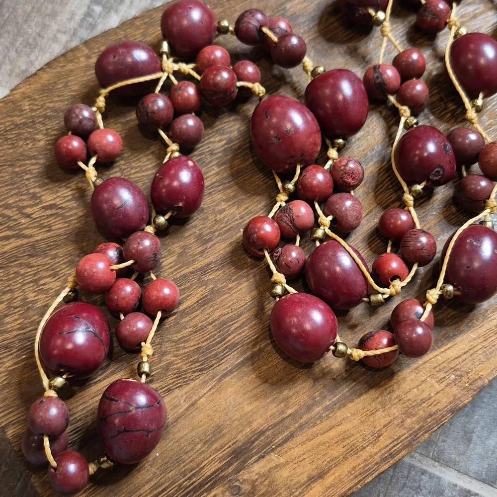 Vintage Cranberry Maroon Beaded Gold Tone Spacers Knotted Cord Long Necklace - Picture 9 of 14